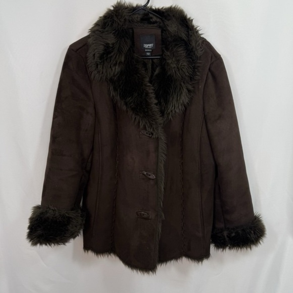 Esprit Dark Brown Teddy Jacket with Faux Fur Trim